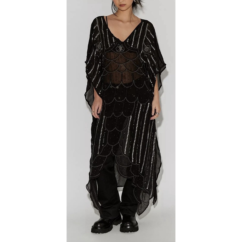 NWT Free People End Of The Night Embellished Duster Kaftan Dress Witchy Boho OS - Picture 2 of 10